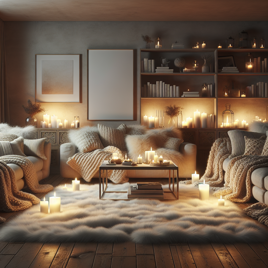 Cozy living room with knitted blankets, faux fur rugs, and soft candle light