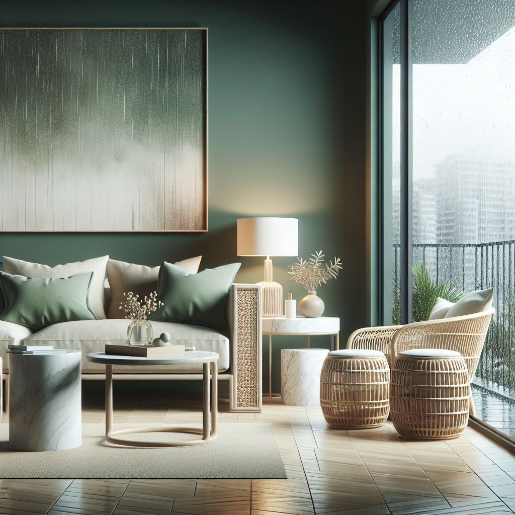 Close-up of a cozy corner in a modern, moody green living room, featuring marble accents and rattan furniture during a rainy evening.