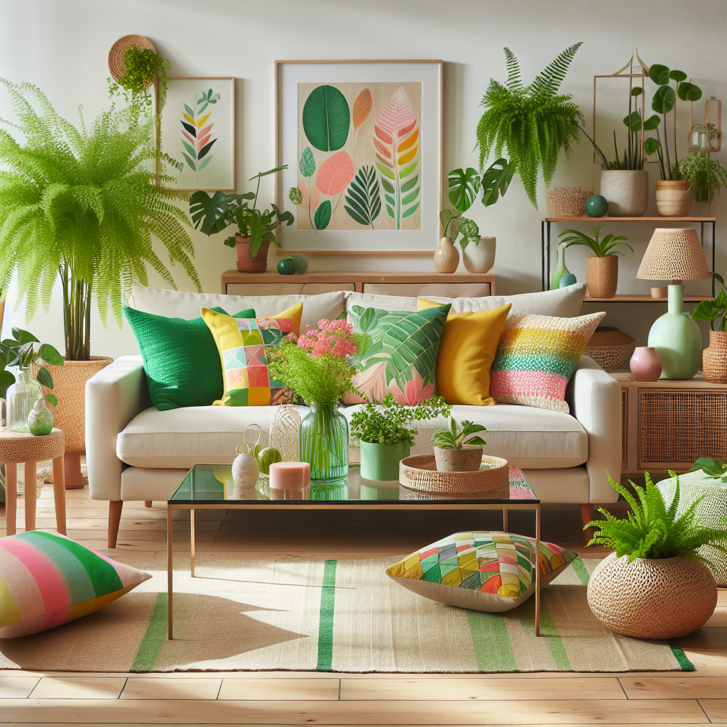 A bright sunlit living room refreshed with new spring decor, including colorful pillows, house plants, rearranged furniture, and trendy accessories.