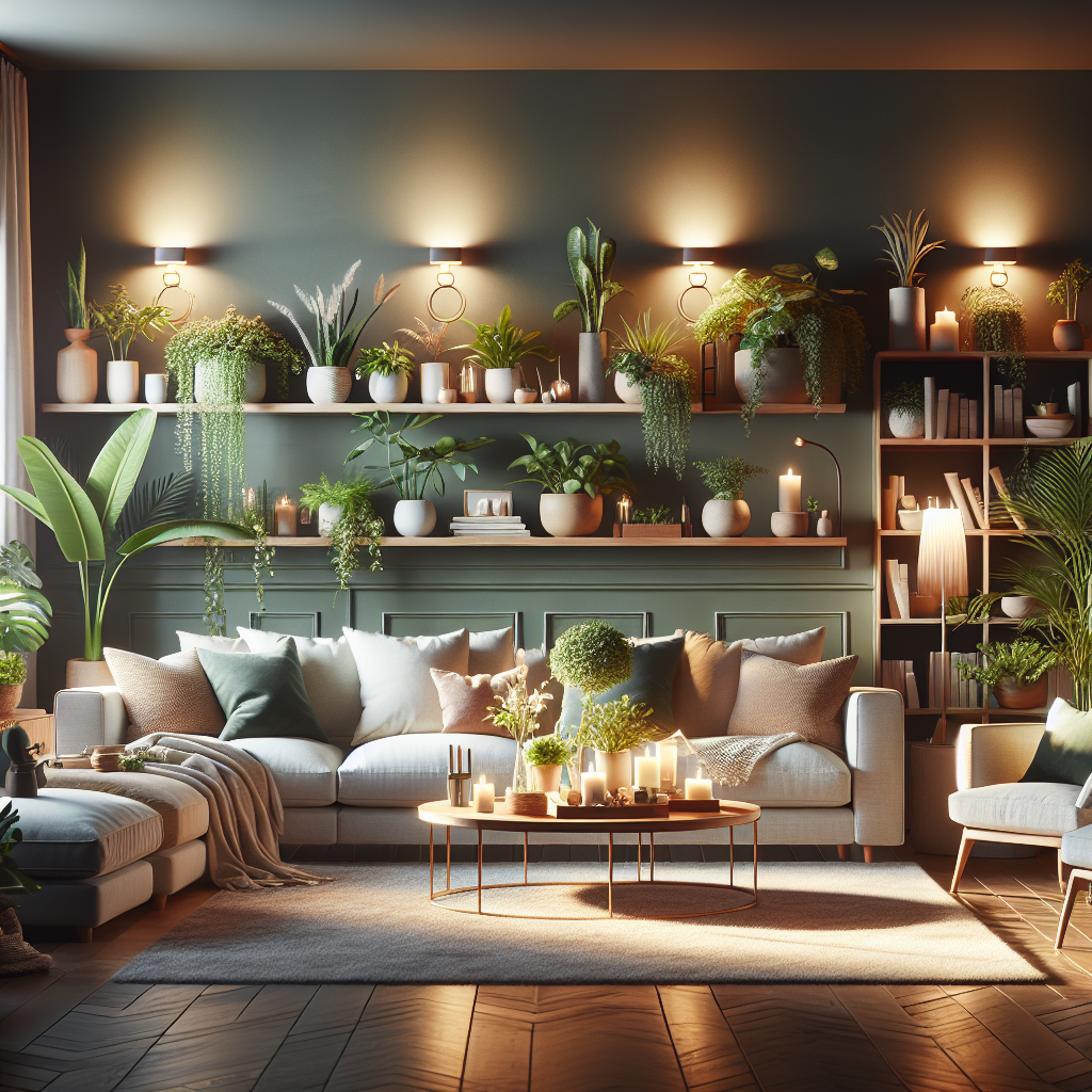 Cozy living room with ambient lighting and green houseplants