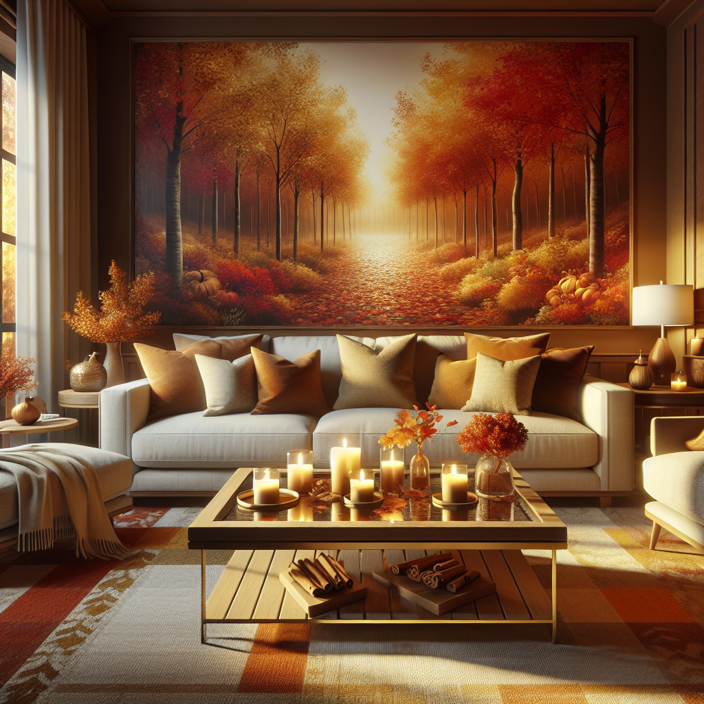 Cozy living room touched with the colors of autumn and the aroma of cinnamon candles