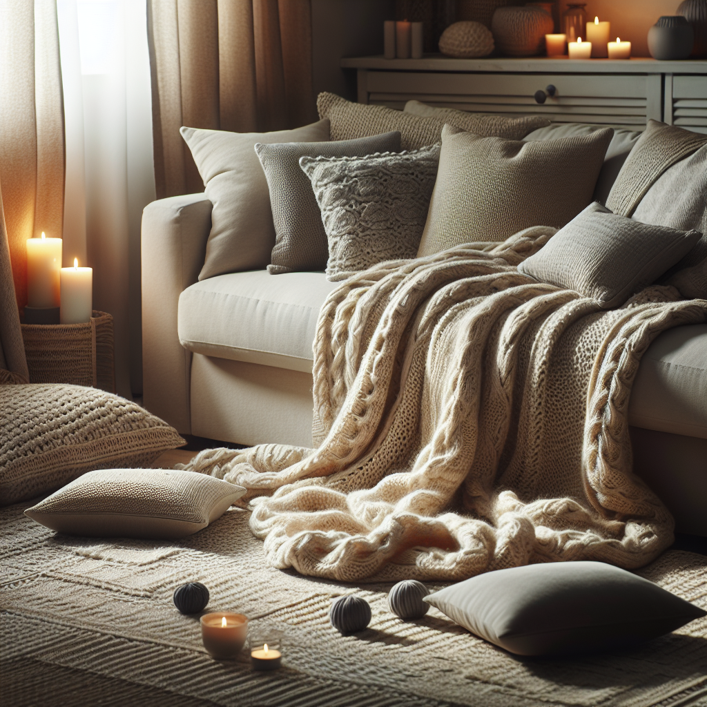 A cozy living room with an oversized knit throw blanket, scented candles, and neutral-toned cushions and rug