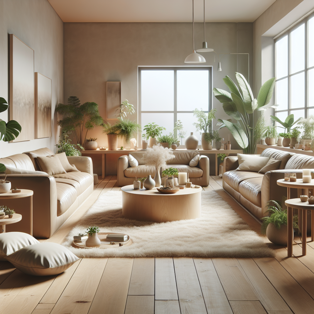 Cozy living room with planters, soft hues and minimalist design elements