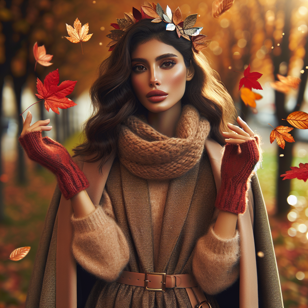 Fashionable woman wearing autumn fashion accessories with leaves falling around