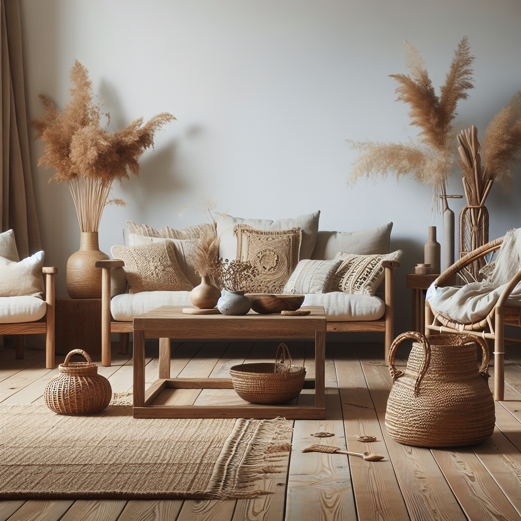 A serene living room with a mix of wooden furniture, wicker accessories, and linen decor, evocative of a conscious, intentional lifestyle
