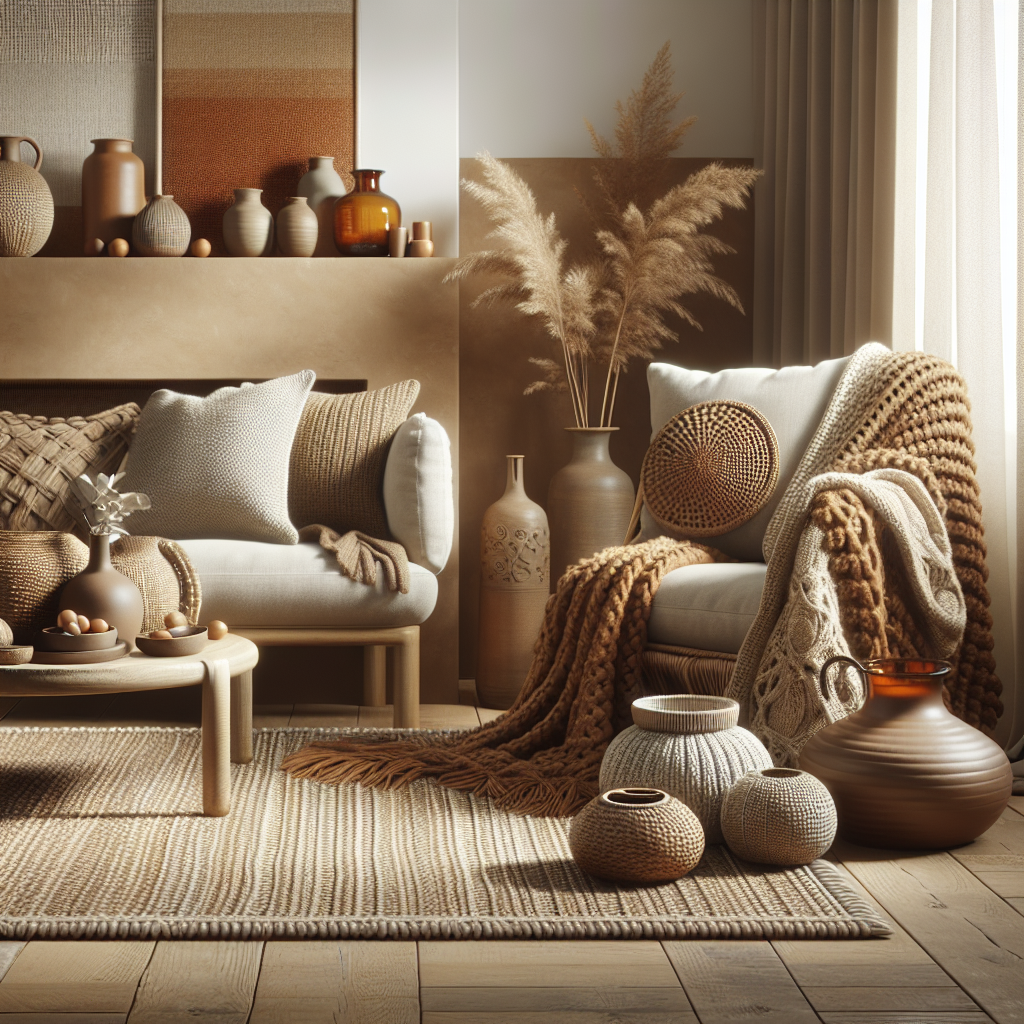 Cozy living room with chunky knit blanket, earthy-toned ceramics, woven textures and amber glass accessories