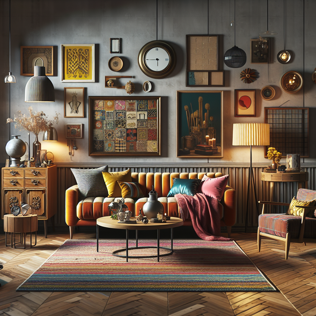 Living room with modern thrift chic decor and a pop of colour