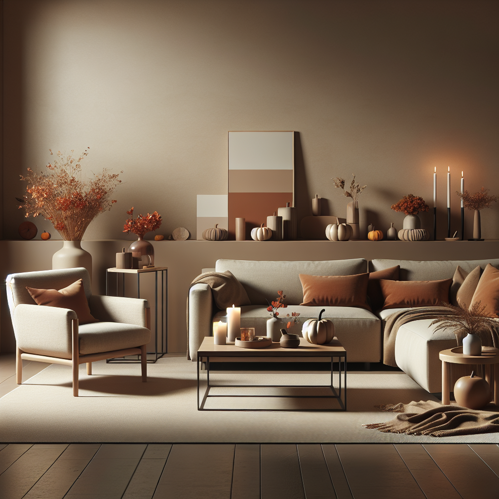 Minimalist fall-themed living room with neutral decor and soft lighting