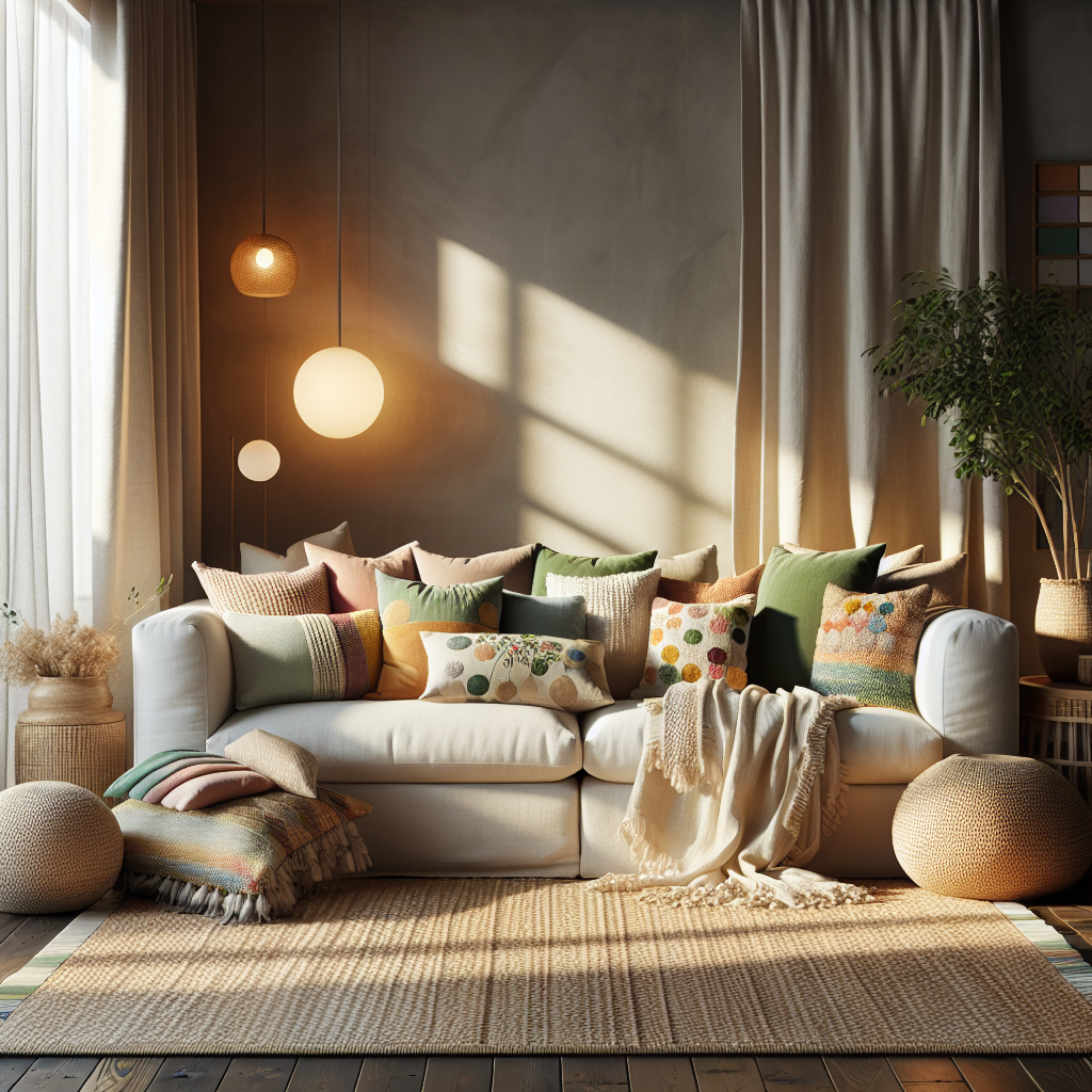 A well-lit living room, decorated for spring with colorful accents, linen cushions, and a woven rug