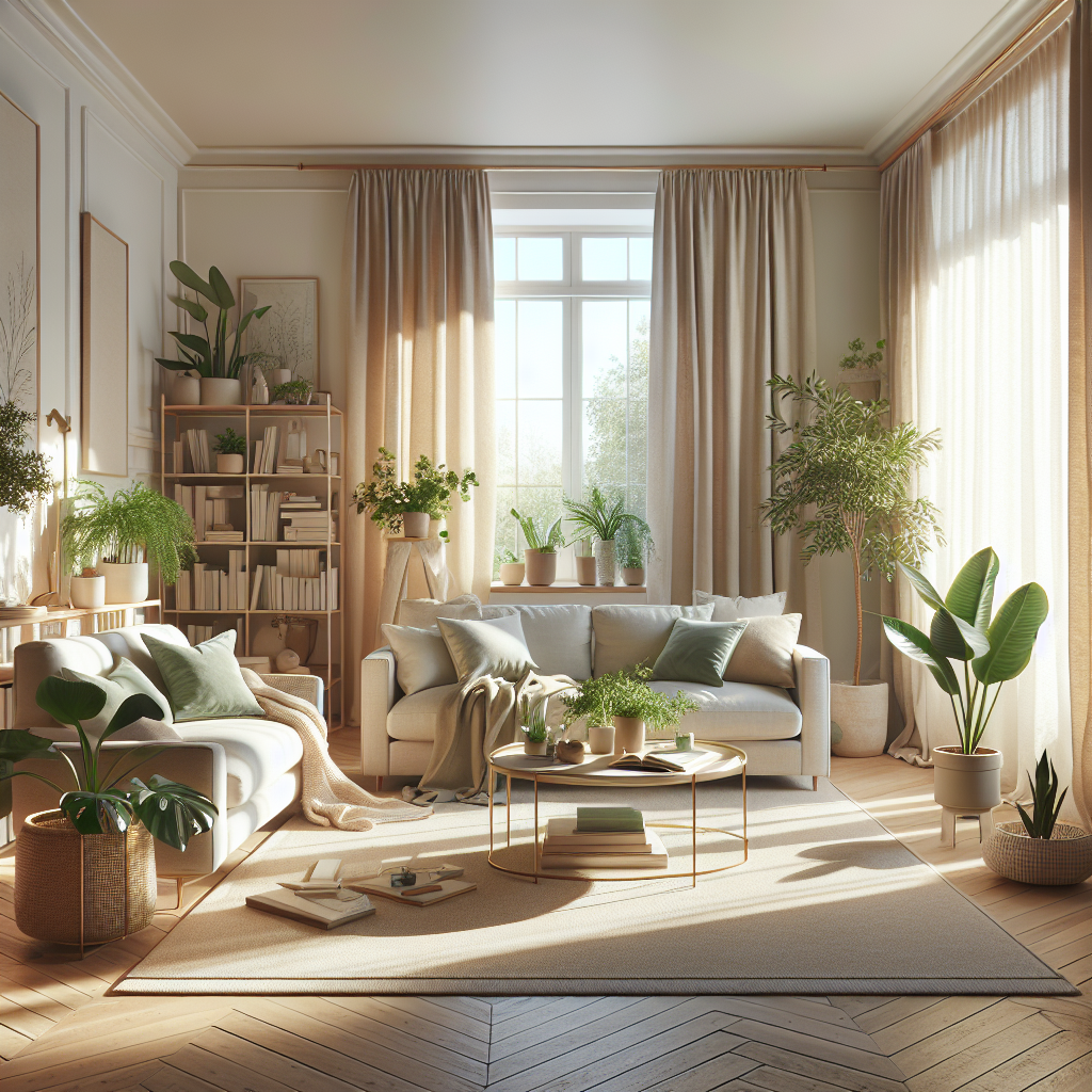 Living room adorned with neutral tones and a splash of nature
