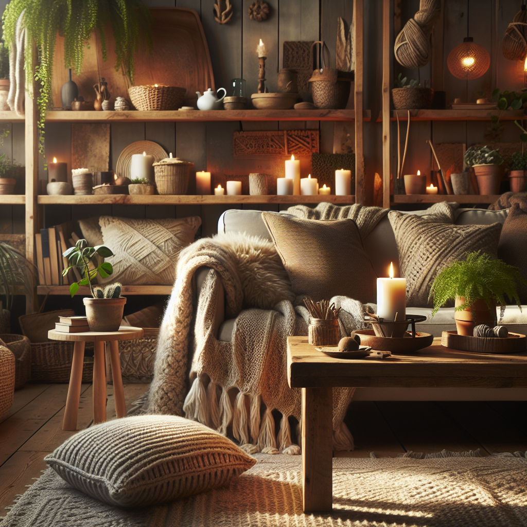 Hygge-style living room with cozy woolen throws, lit candle and natural elements