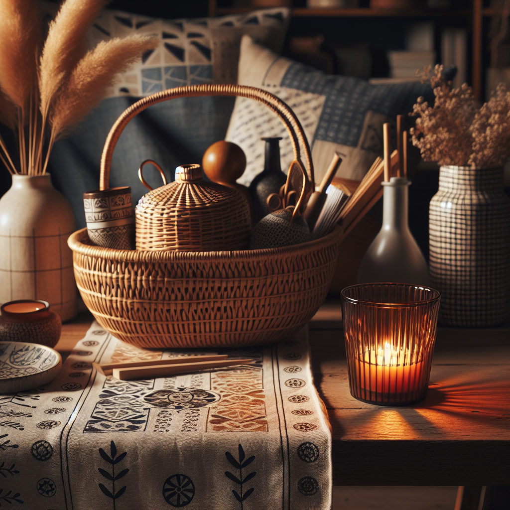 Mood lit room with trendy homeware including wicker basket, amber candle holder and printed linen runner