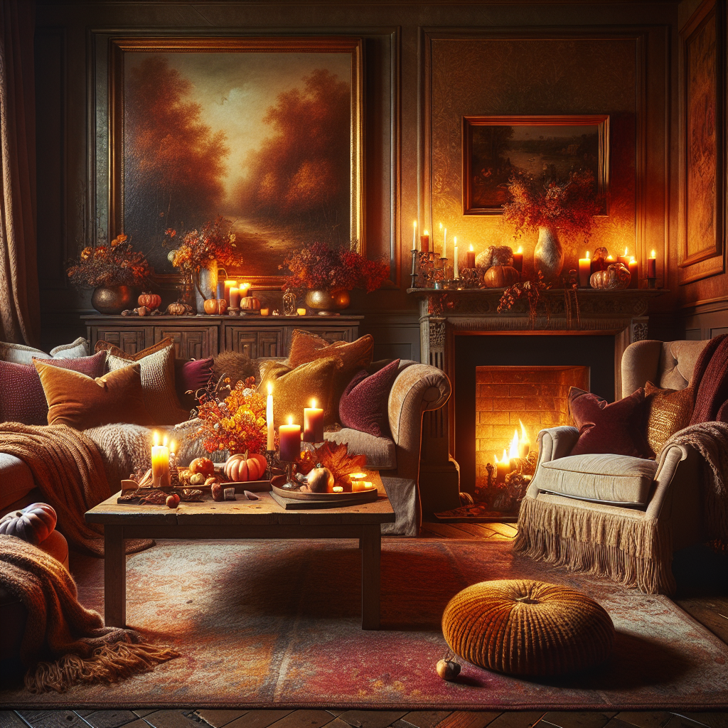 Cozy, autumn-inspired living room with warm hues, soft furnishings, and candlelight