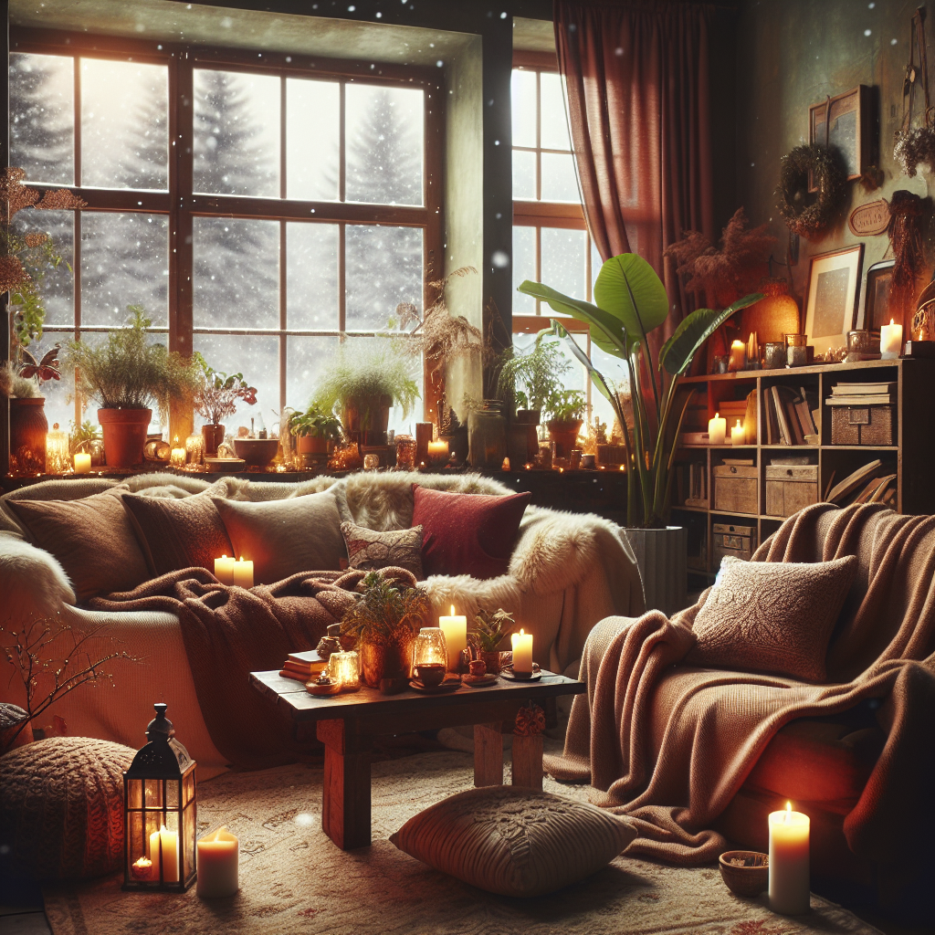 Cozy winter living room with soft throw blankets, candles, and houseplants