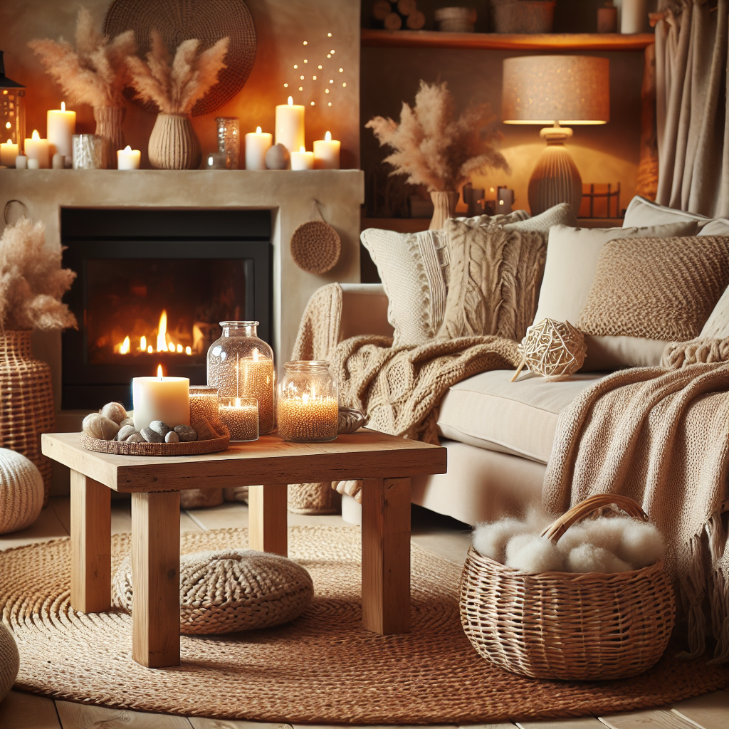 Cozy living room with warm neutrals, textured elements and soft candle light