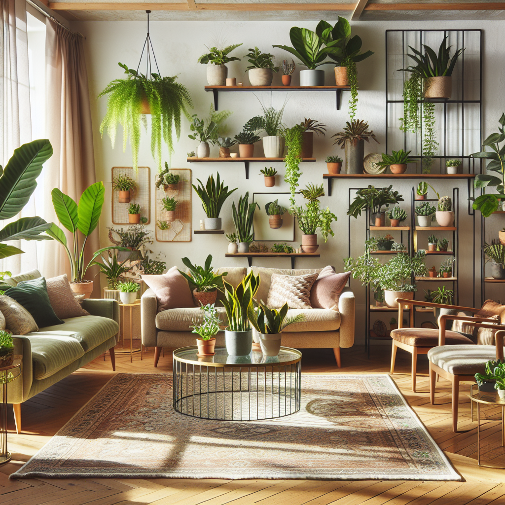Living room filled with vibrant indoor plants and stylish plant pots
