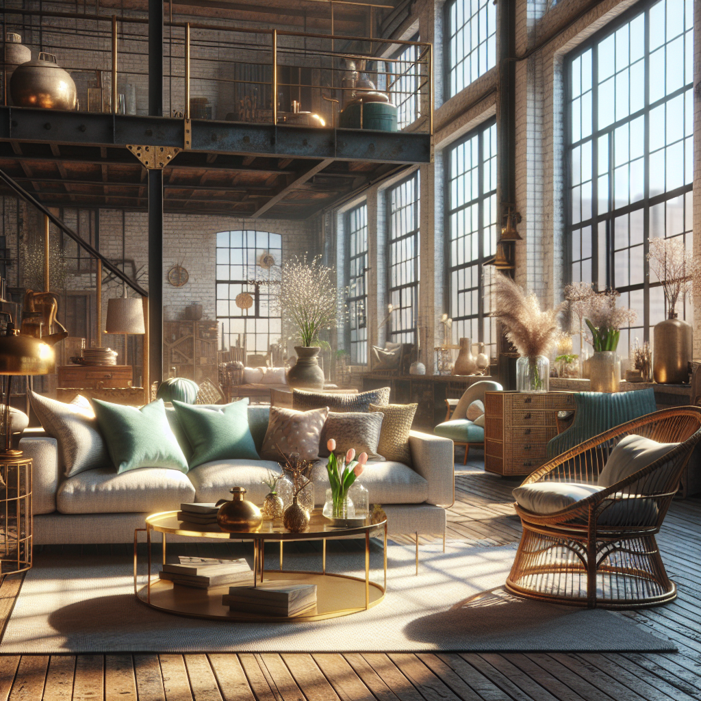 Brooklyn loft-style living room filled with spring accents, pastel cushions, a wicker chair, and brass accents
