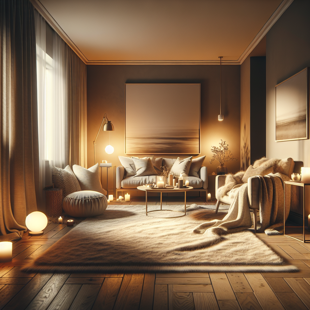 A cozy Hygge-inspired room with warm lighting, soft rug and throw blankets