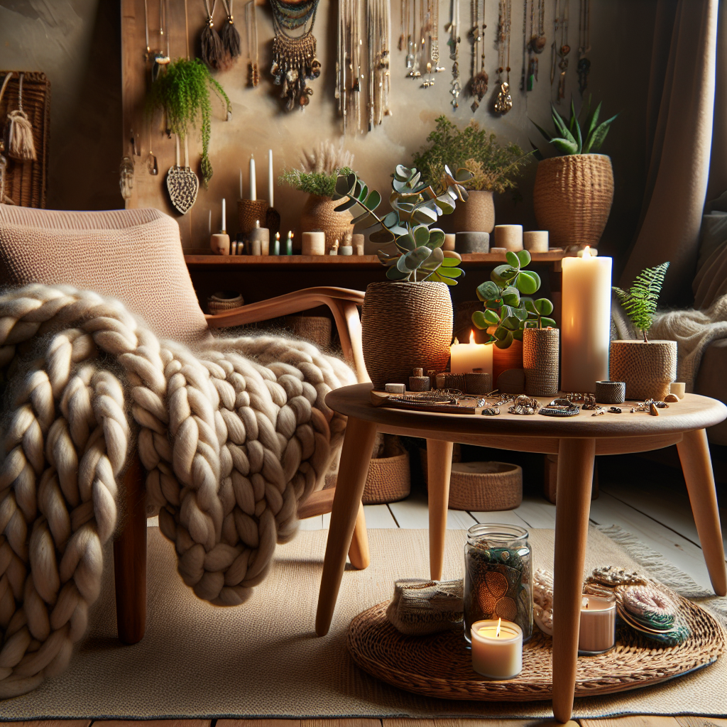 Cozy interior with chunky knit blanket, plant holders, artisanal candles and stylish jewelry