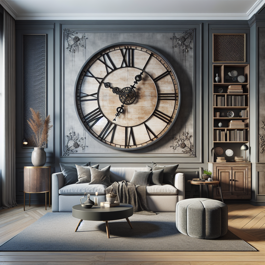 An intentionally styled living room with a Grace and Ashes statement wall clock