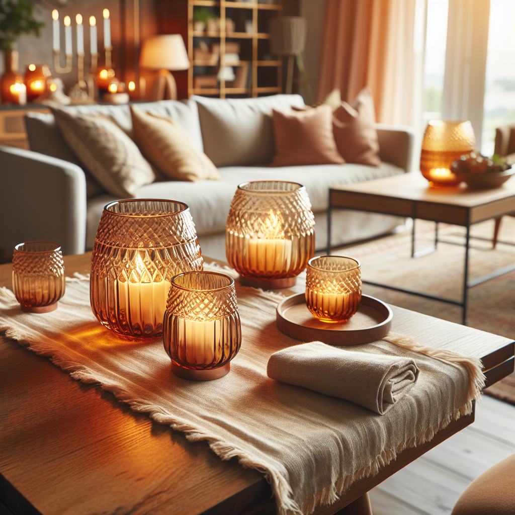 Cozy living room with amber glass candle holders and a linen table runner
