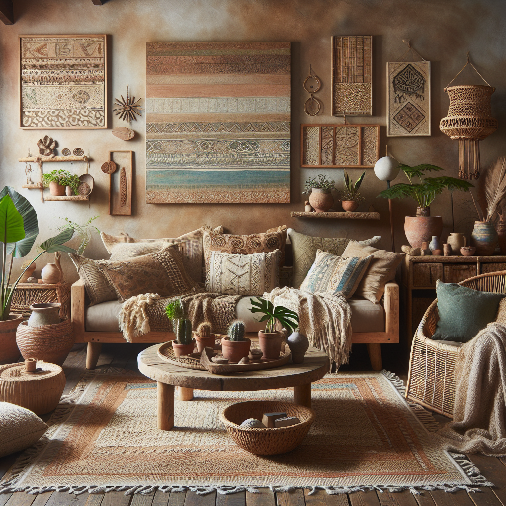 Boho-chic living room with a blend of earthy colors, relaxed textures, and rustic furniture