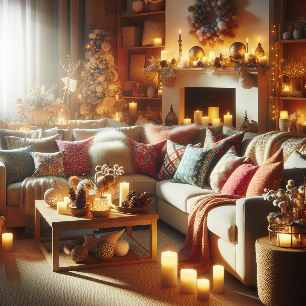 Cozy living room with warm lighting, colorful cushions, and winter-inspired decor