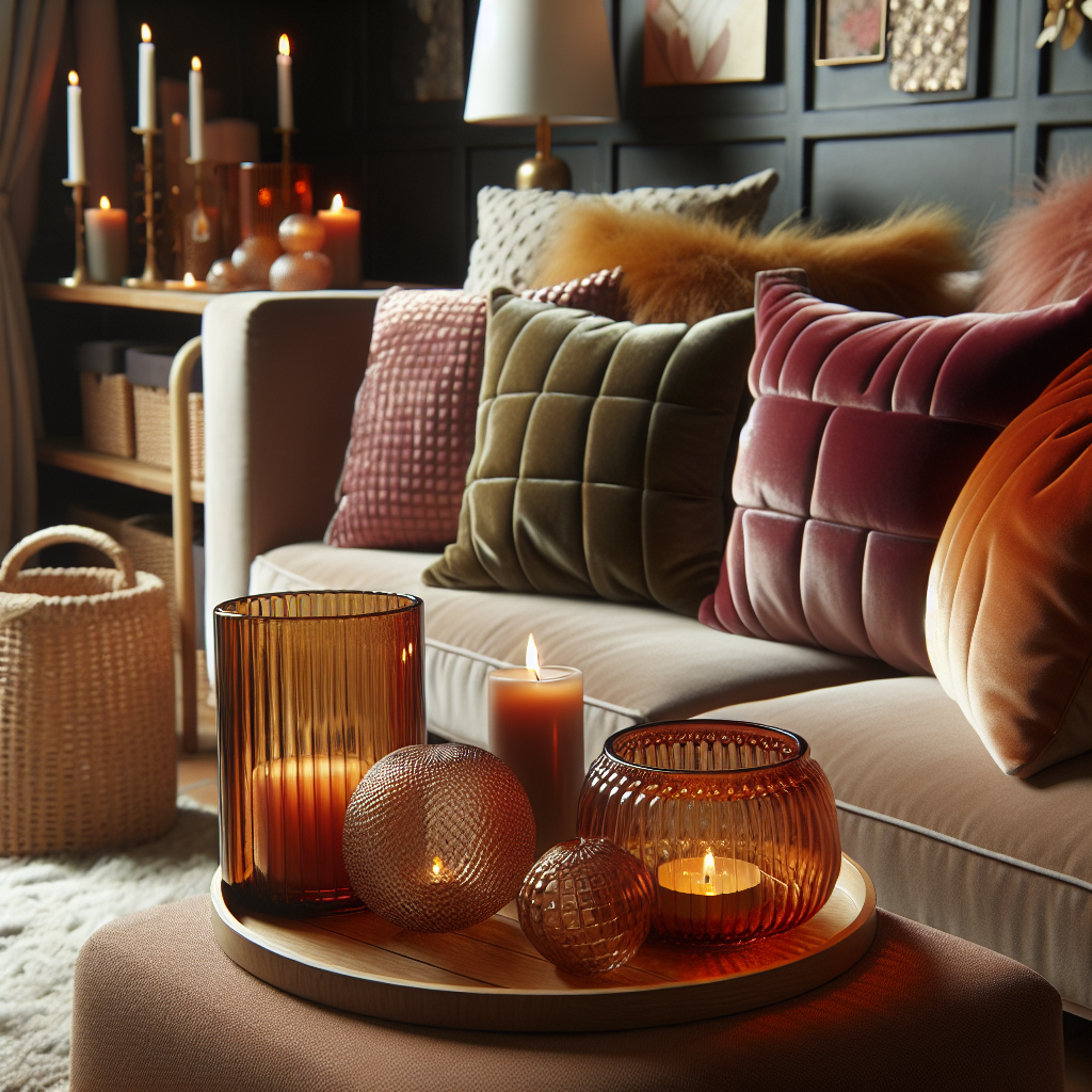 Cozy living room decorated with amber glass candle holders, velvet throw pillows and a wicker laundry basket