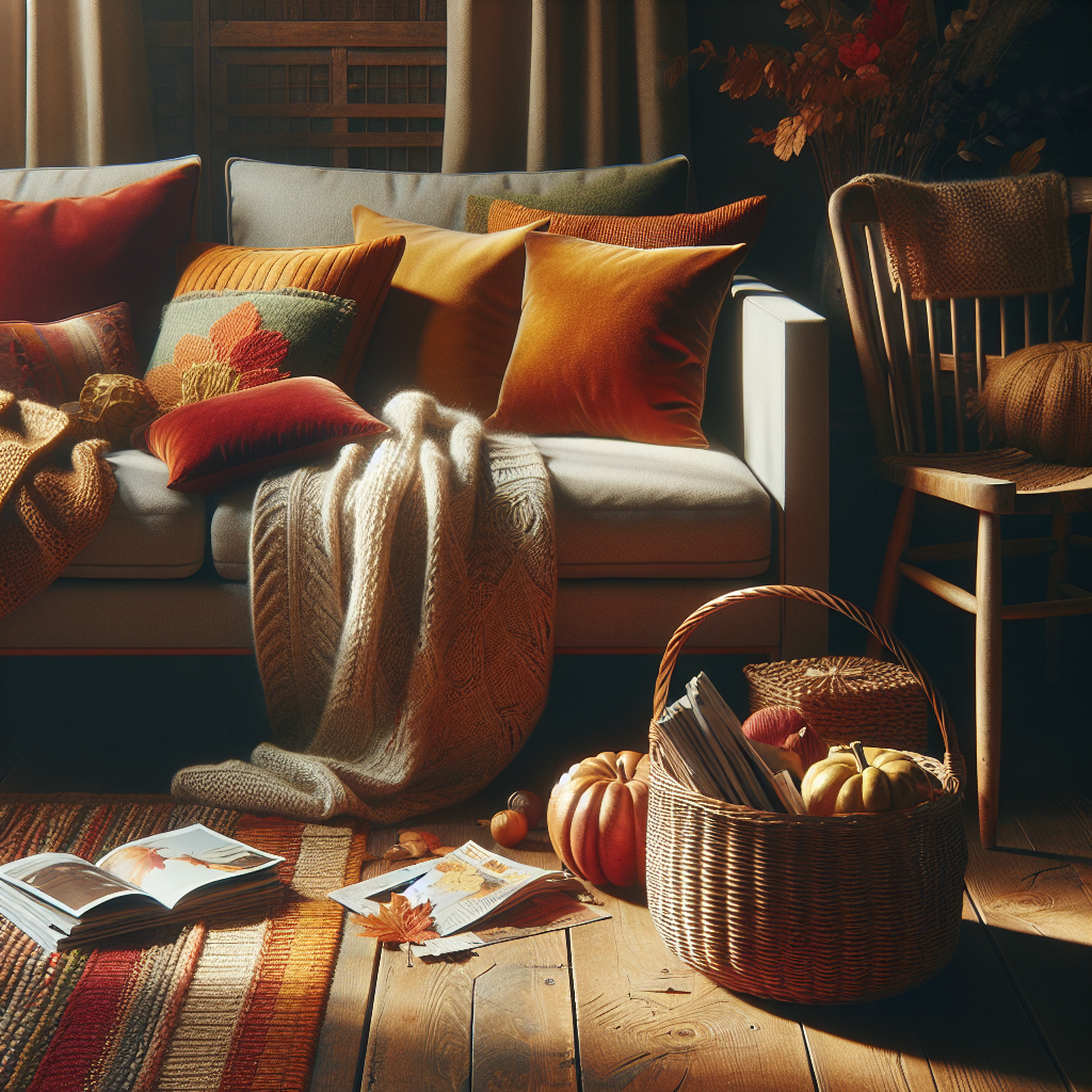 A cozy living room with warm-toned cushions, a wicker basket, and a wool throw