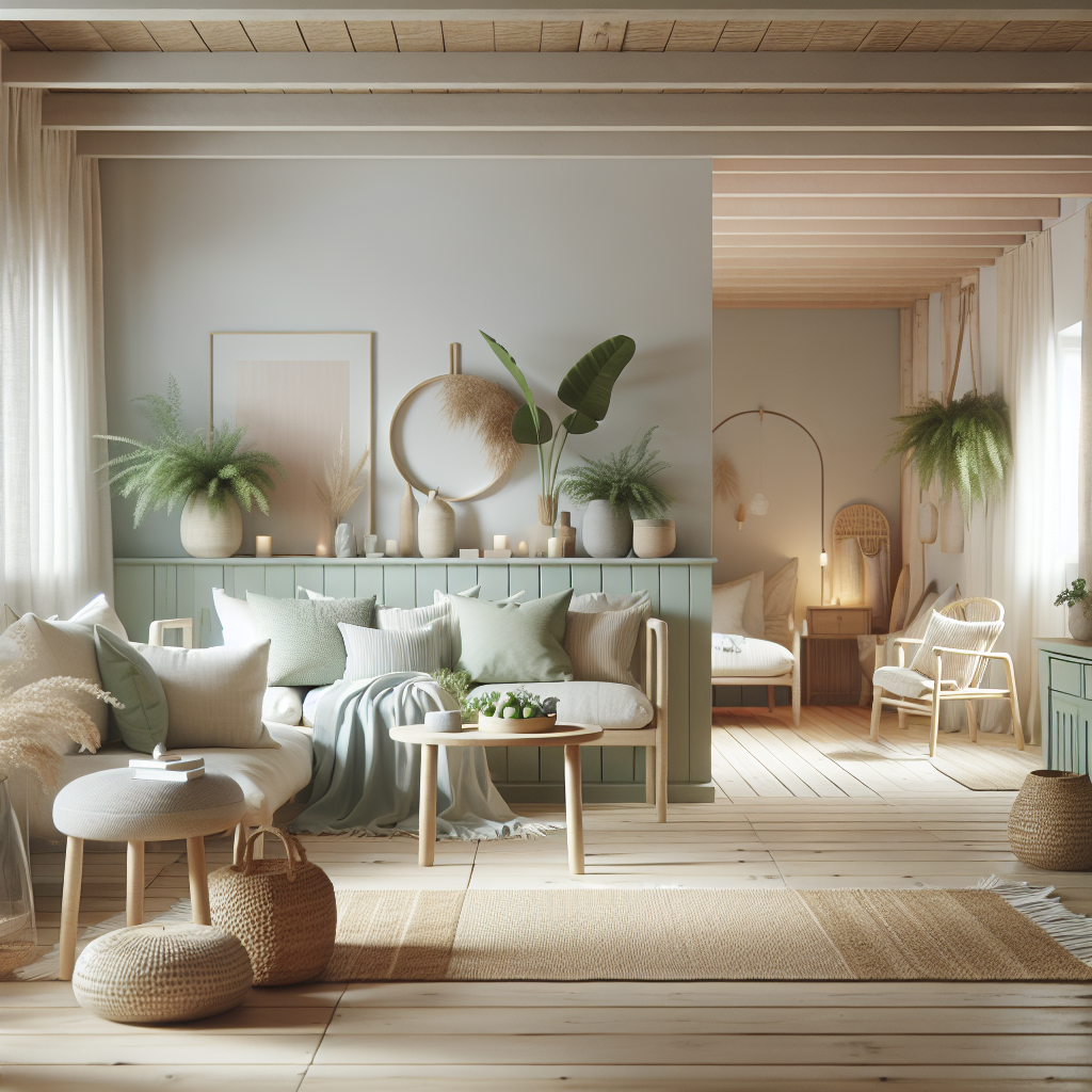 Cosy, pastel-colored summer home interior styled with green plants, natural textures furniture and soft lighting