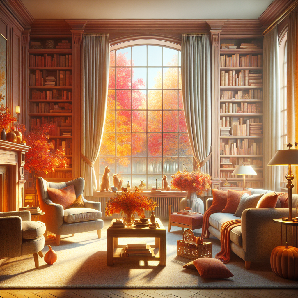 Cozy living room with autumn colors and soft lighting