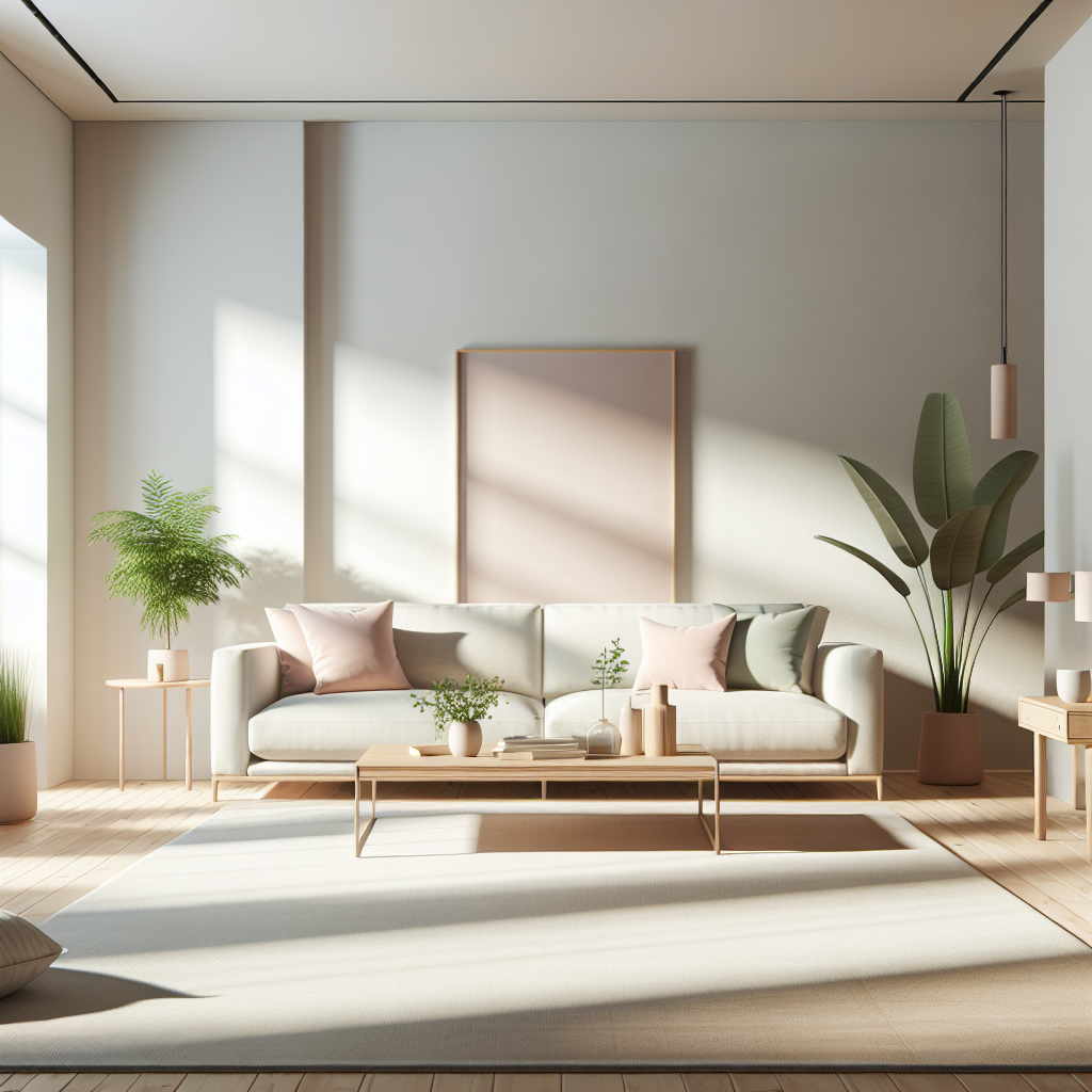 Clean, minimalist living room with a splash of pastel color and subtle decorative pieces
