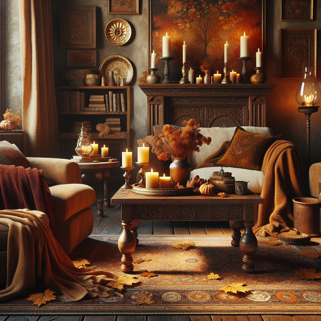 Cosy living room styled with autumnal hues, textured throws, and a wooden coffee table