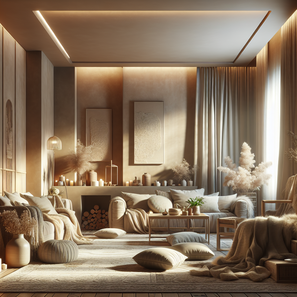 Living room filled with soft light, cozy textures, and a warm neutral color palette