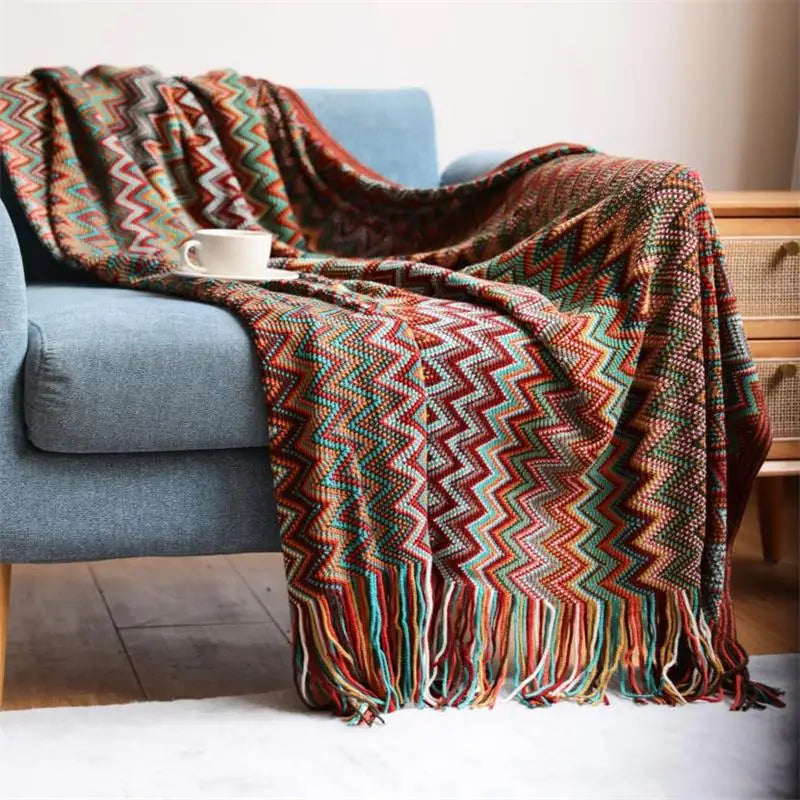 Hand-knitted boho tassel throw blanket