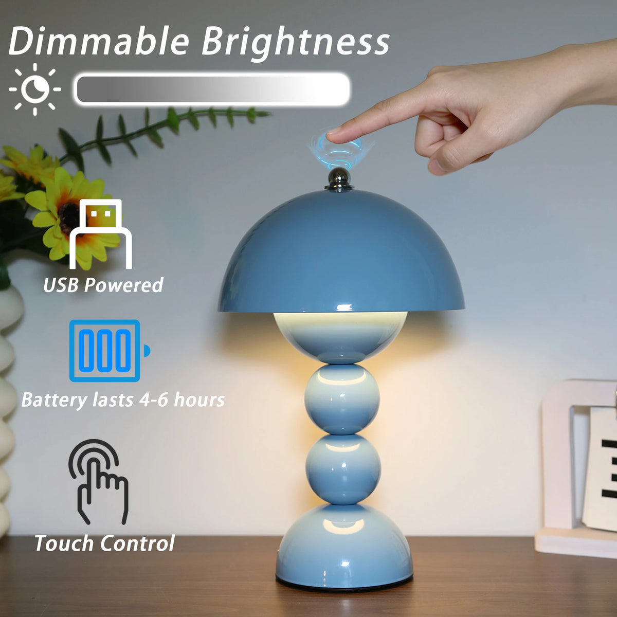Bud mushroom desk lamp in pink, sky blue and burgundy