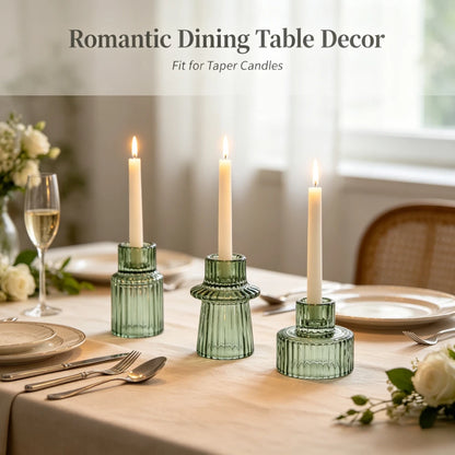 Set of three ribbed glass taper candle holders