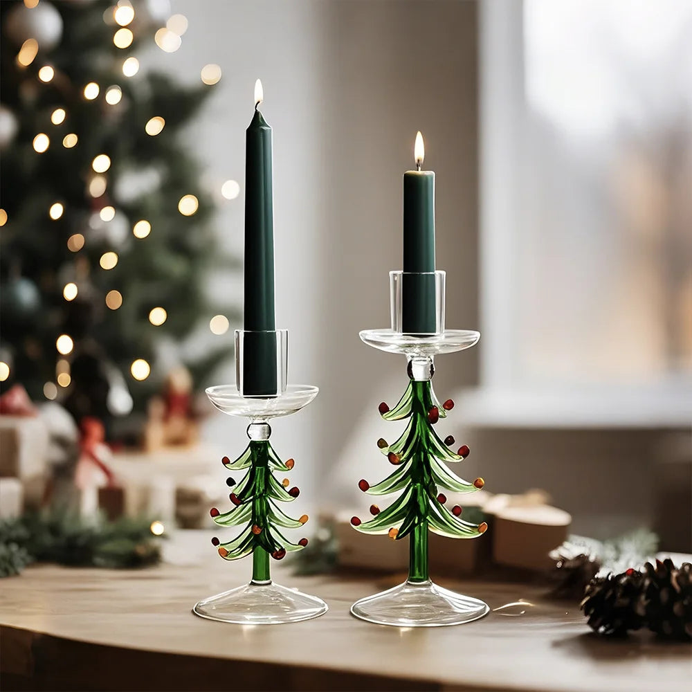Glass Christmas tree candle holder on a festive table