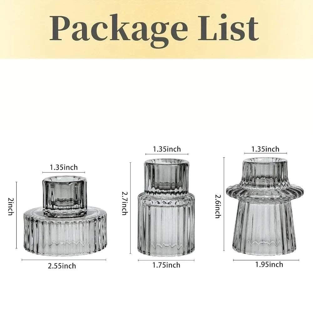 Set of three ribbed glass taper candle holders