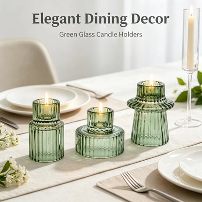 Set of three ribbed glass taper candle holders