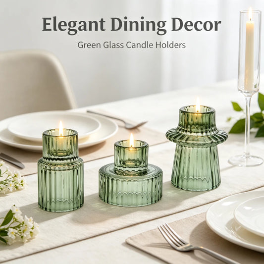 Set of three ribbed glass taper candle holders