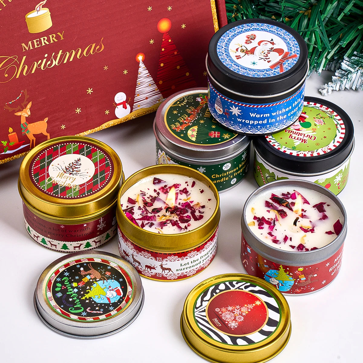 Christmas scented soy candle jars with dried flowers