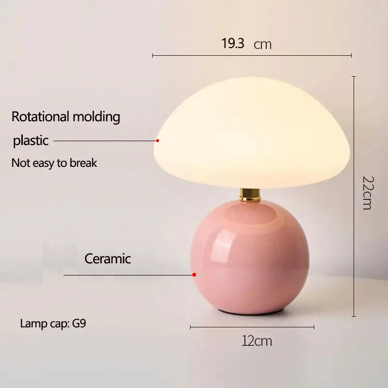 Cream mushroom table lamp on a bedside table