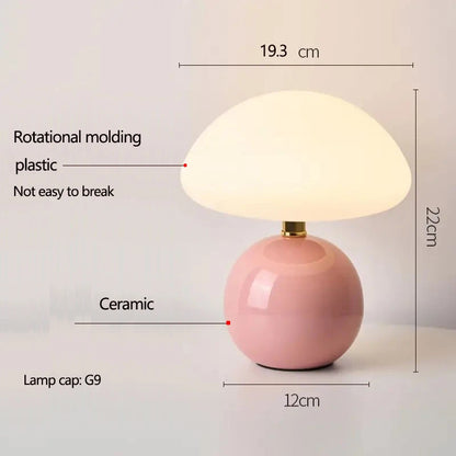 Cream mushroom table lamp on a bedside table