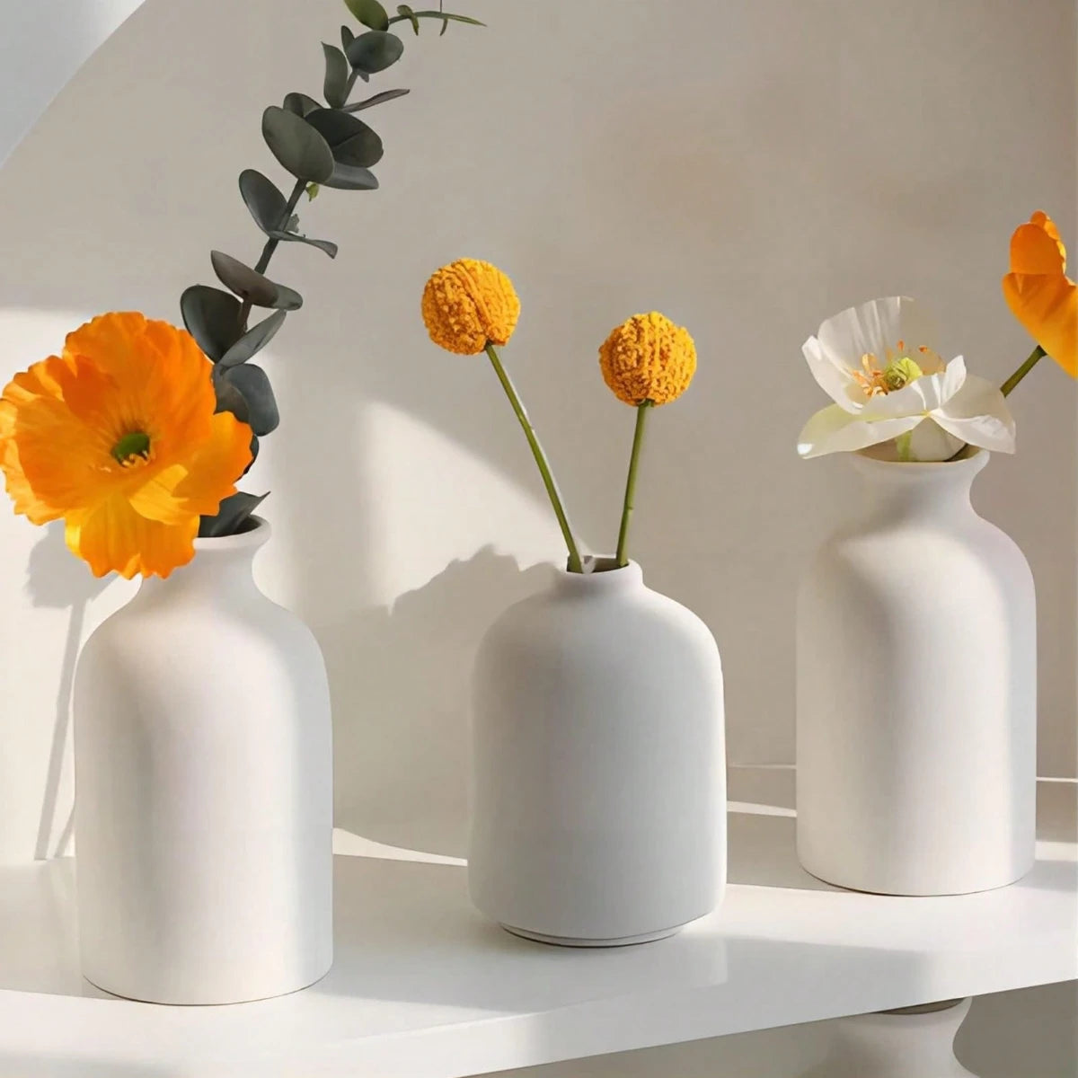 Bohemian ceramic vase set of three on a shelf