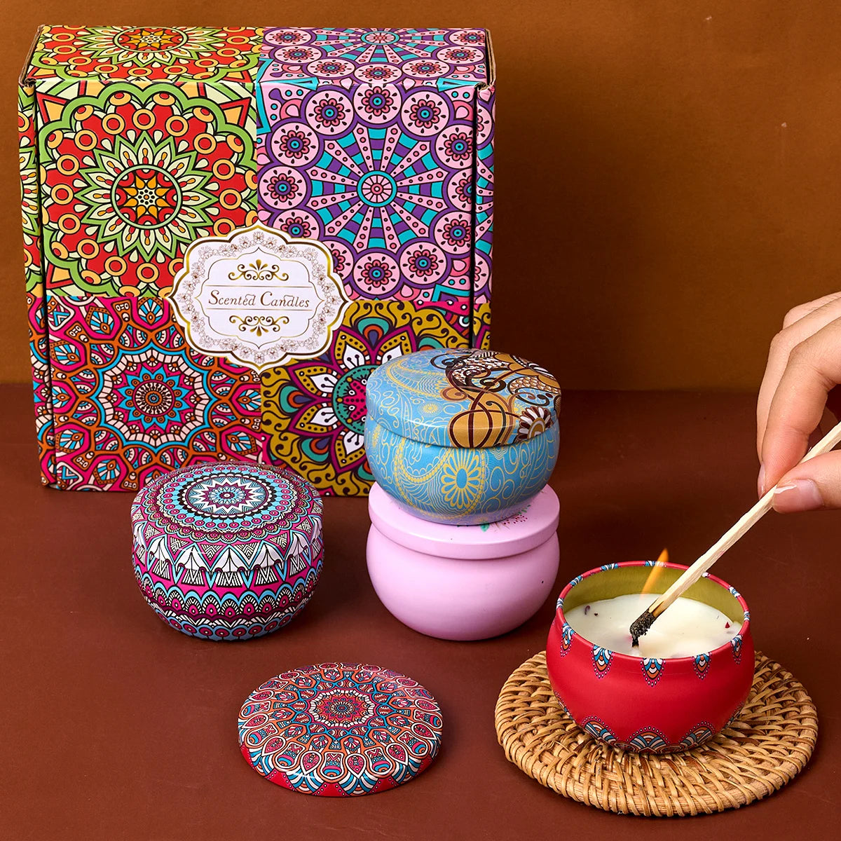 Set of four vintage-style flower scented candle jars