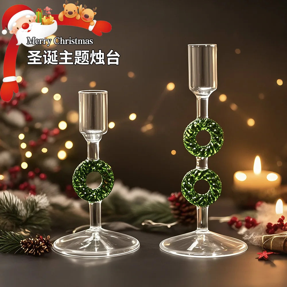Glass Christmas tree candle holder on a festive table