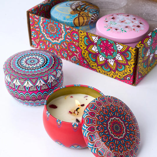 Set of four vintage-style flower scented candle jars