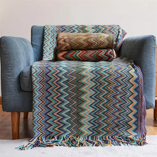 Hand-knitted boho tassel throw blanket