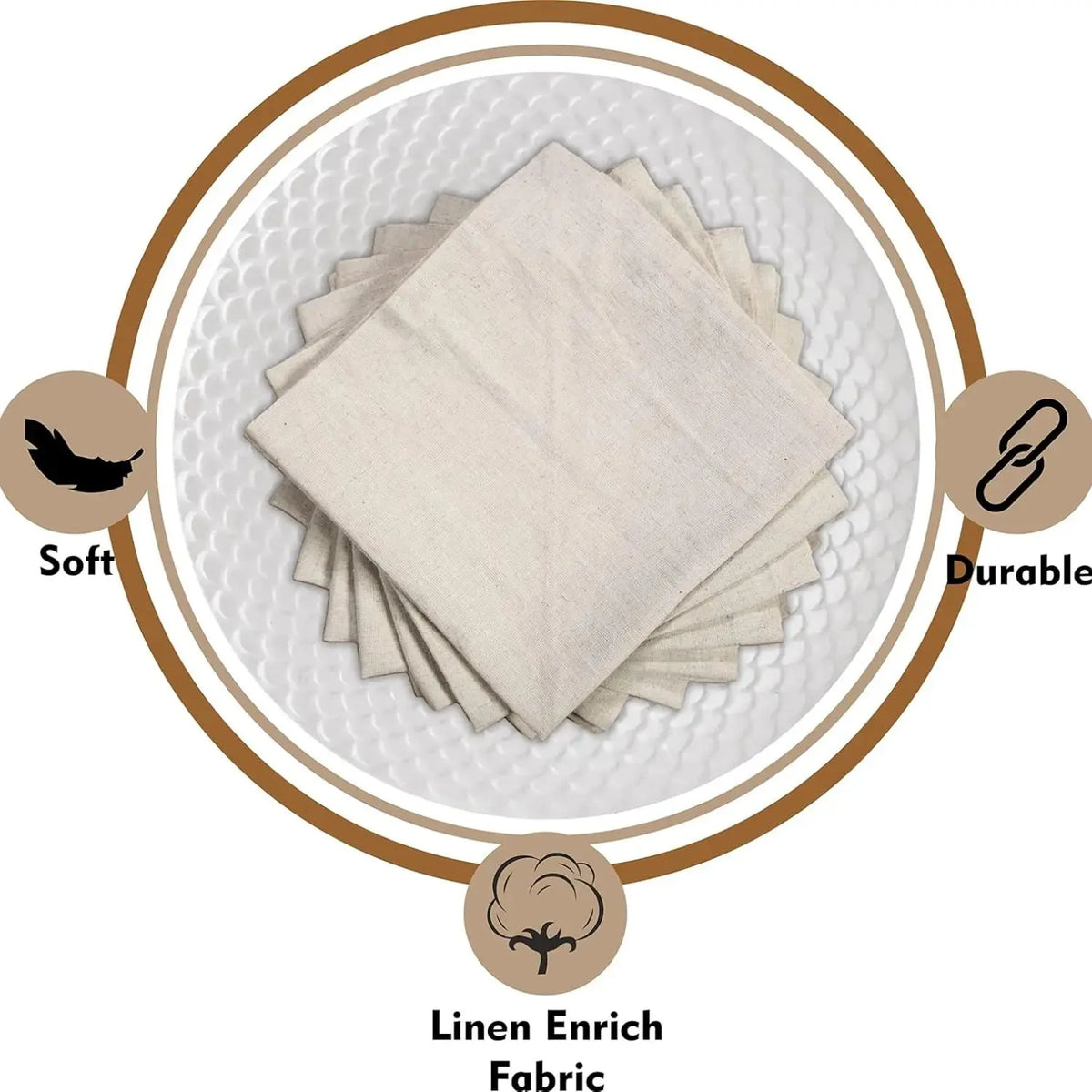 Set of six natural cloth dinner napkins on a table